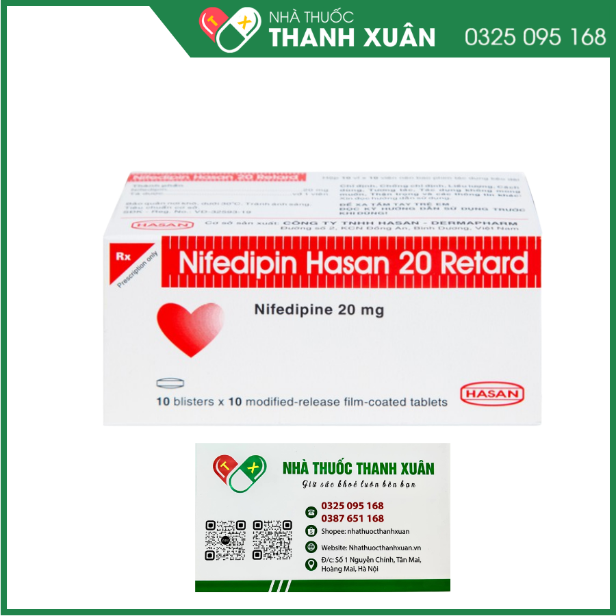 Nifedipin Hasan 20 Retard trị tăng huyết áp, đau thắt ngực